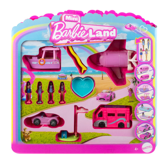 Barbie Mini BarbieLand 4-Pack Doll & Toy Vehicle Set with 4 1.5-inch Dolls & 4 Toy Vehicles with Color-Change Surprise