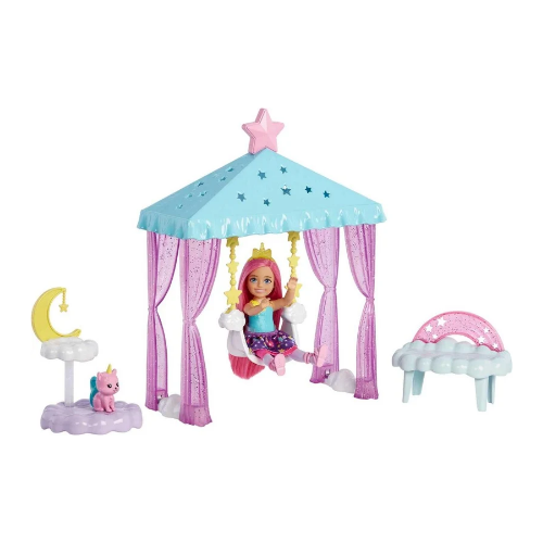 Barbie Dreamtopia Chelsea Small Doll and Accessories, Playset with Gazebo Swing, Kitten and More