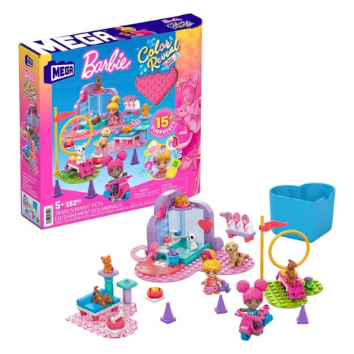 Mega Barbie Color Reveal Building Toy Playset, Train n Wash Pets with 152 Pieces, 15 Surprises, Accessories and 6 Pets